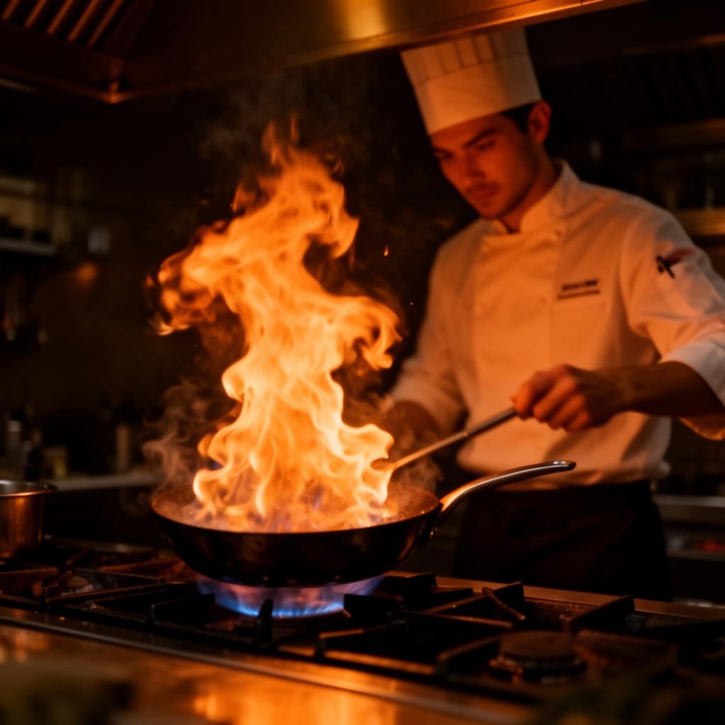 Flamme de cuisson dans une cuisine sombre