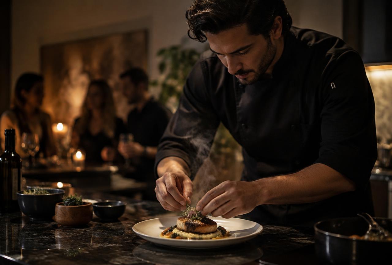 Chef en veste noire dressant une assiette chez un particulier