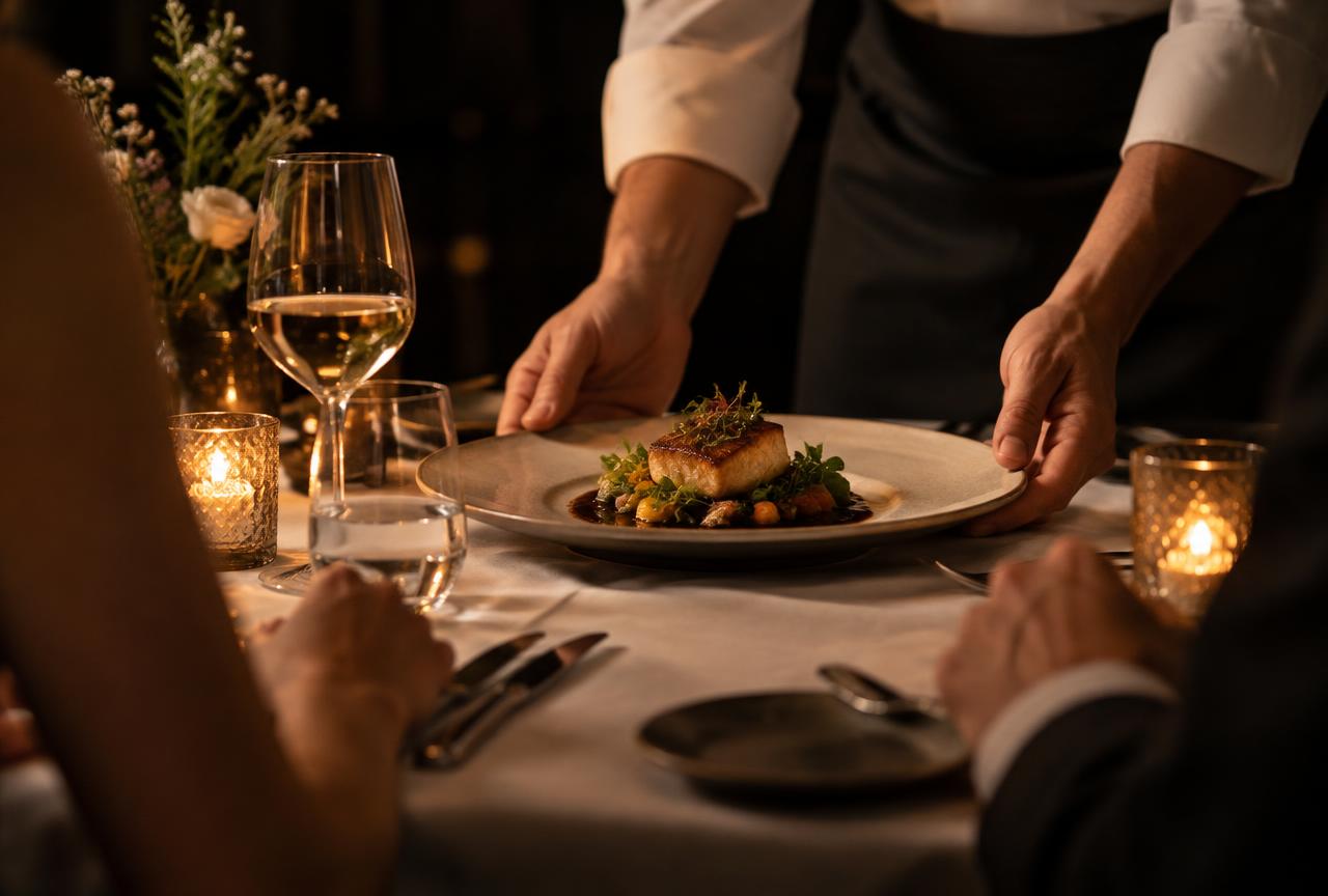 Service à l'assiette devant des convives à la bougie