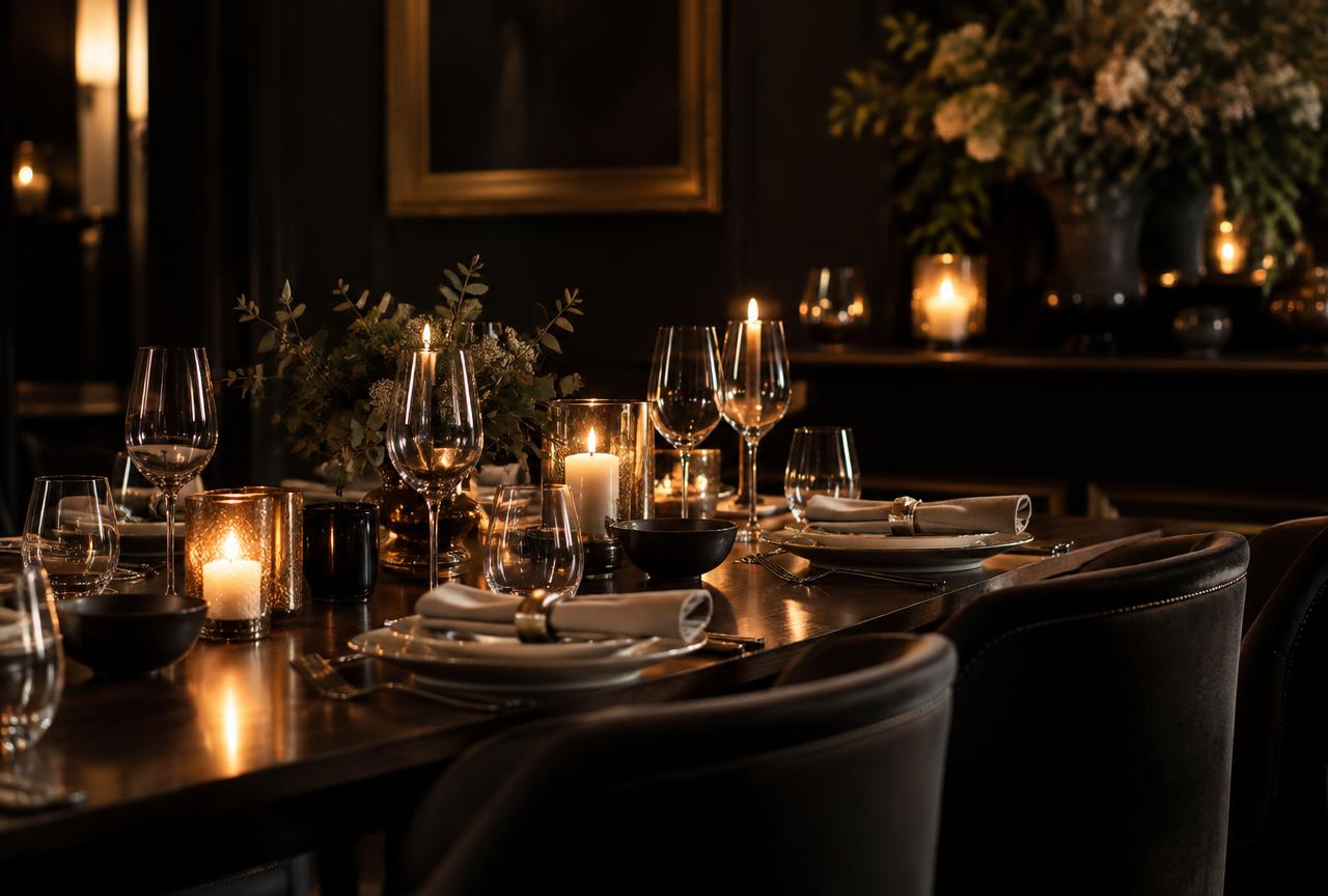 Table dressée pour un dîner privé à la bougie